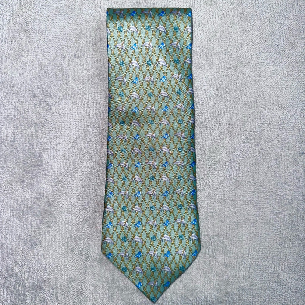 NWOT Gianni Pratti 100% Silk Nautical Dolphin Theme Seafoam Green Men’s Necktie
